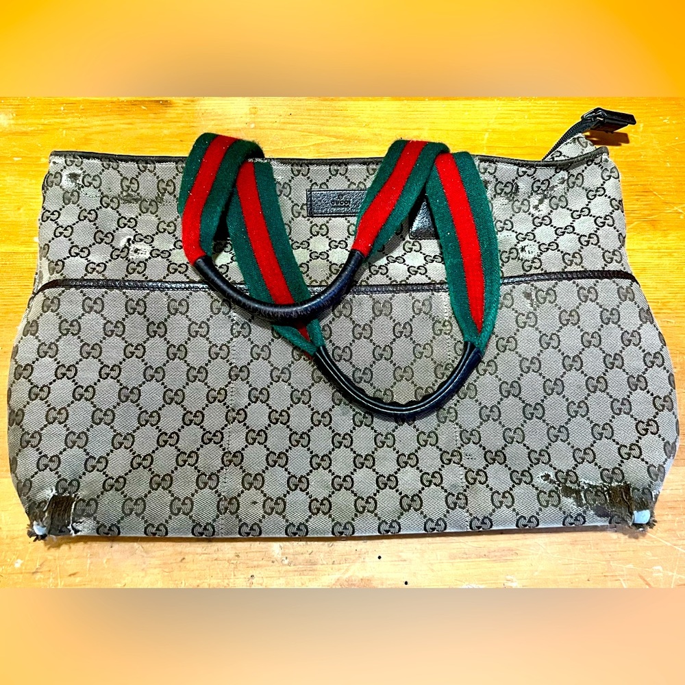 GUCCI Web Canvas Diaper Bag Tote Red Green Authentic